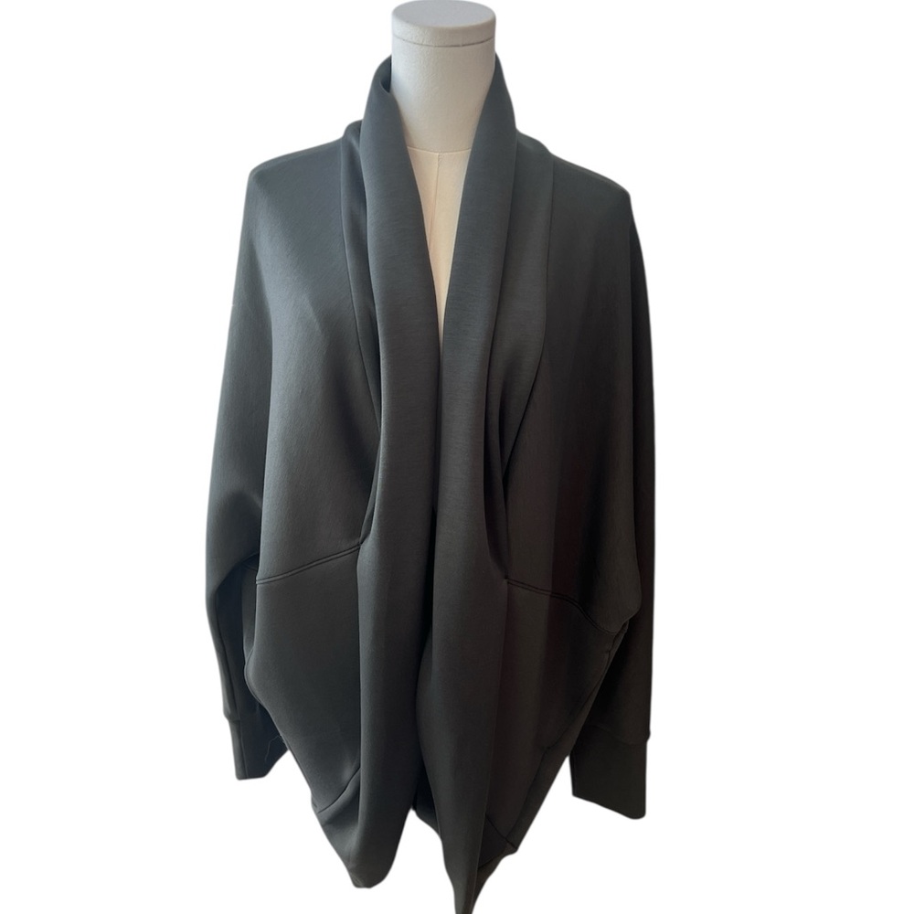 SPANX Palm Green Open Front Cardigan and matching velvet leggings